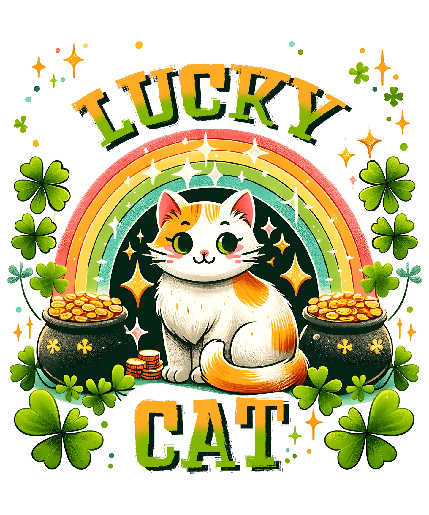 Cute Lucky Cat St. Patricks Day Design - DTF Ready To Press