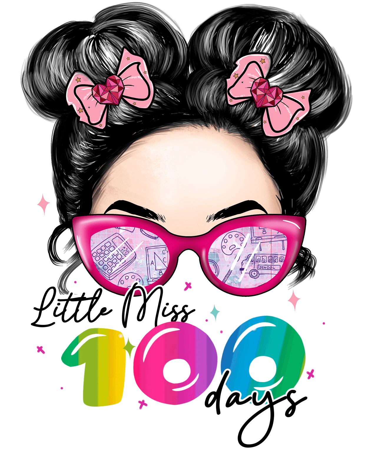 Messy Bun Hair Little Miss 100 Days Girl Design - DTF Ready To Press