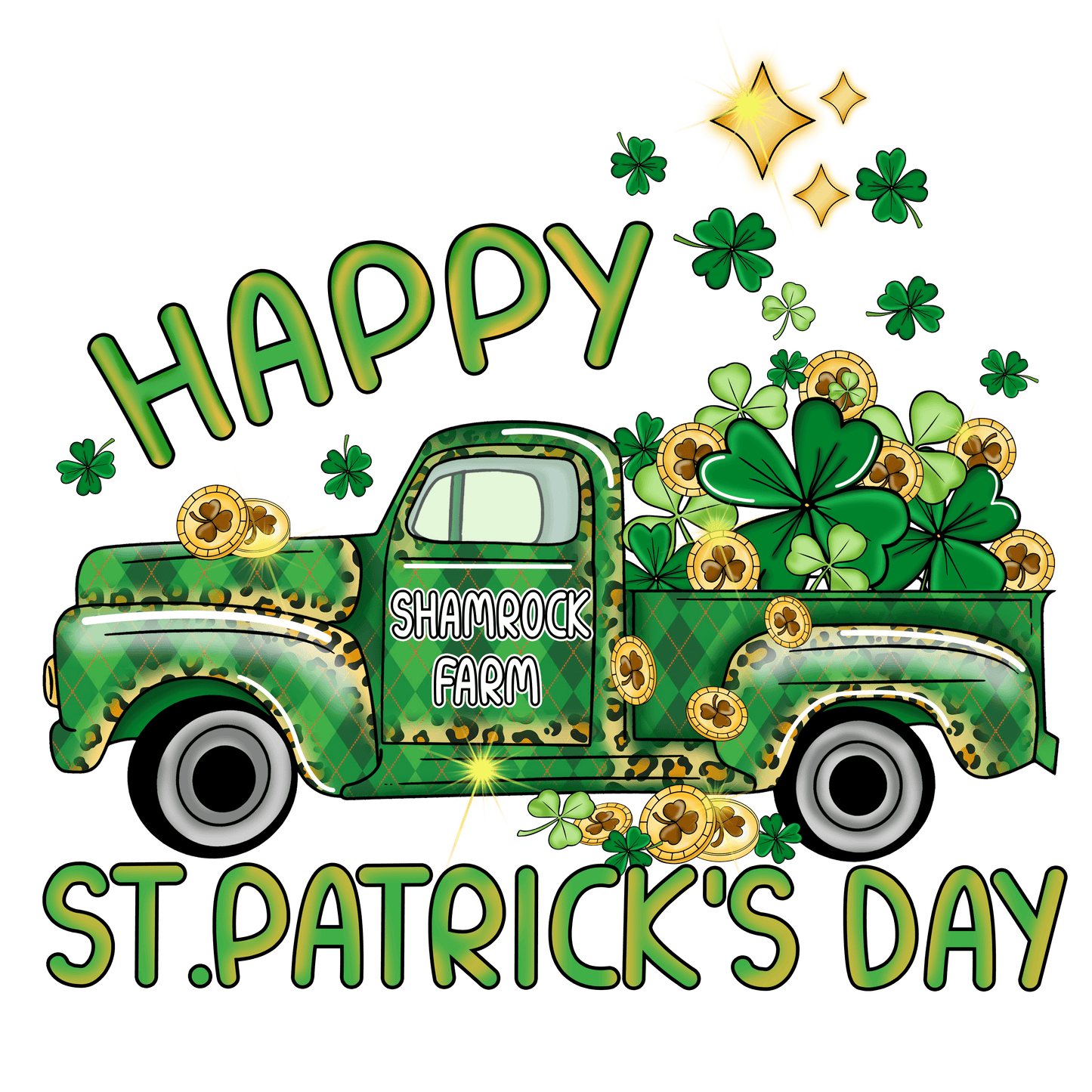 Happy Saint Patricks Day Clover Truck Design - DTF Ready To Press