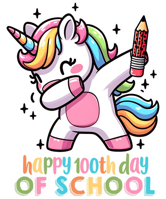 Happy 100th Day Of School Dabbing Unicorn Design - DTF Ready To Press