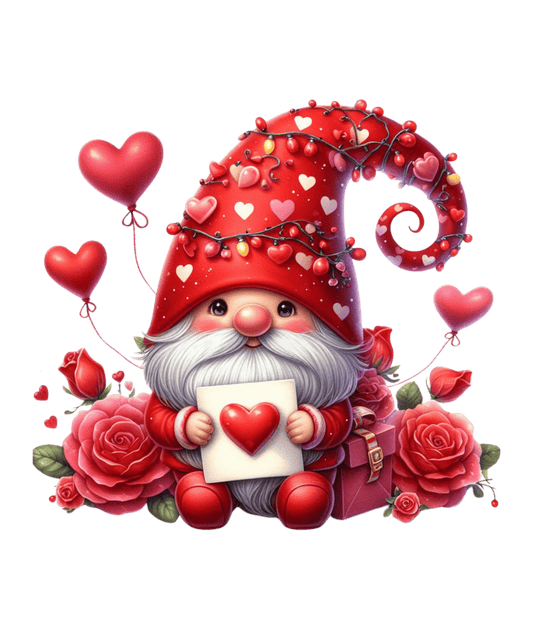 Gnome And Roses Valentine's Day Heart Design - DTF Ready To Press