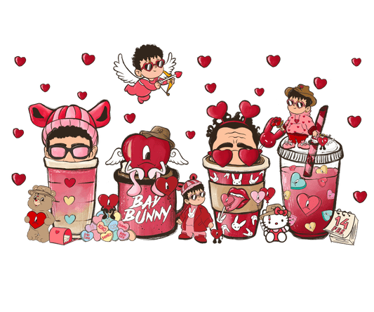 Bad Bunny And Hello Kitty Valentine Coffee Design - DTF Ready To Press